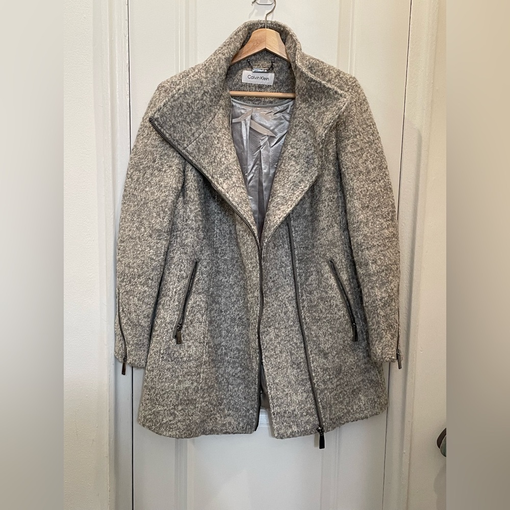 Calvin Klein Asymmetrical Wool Zip Coat Jacket Gray Grey Small Like New